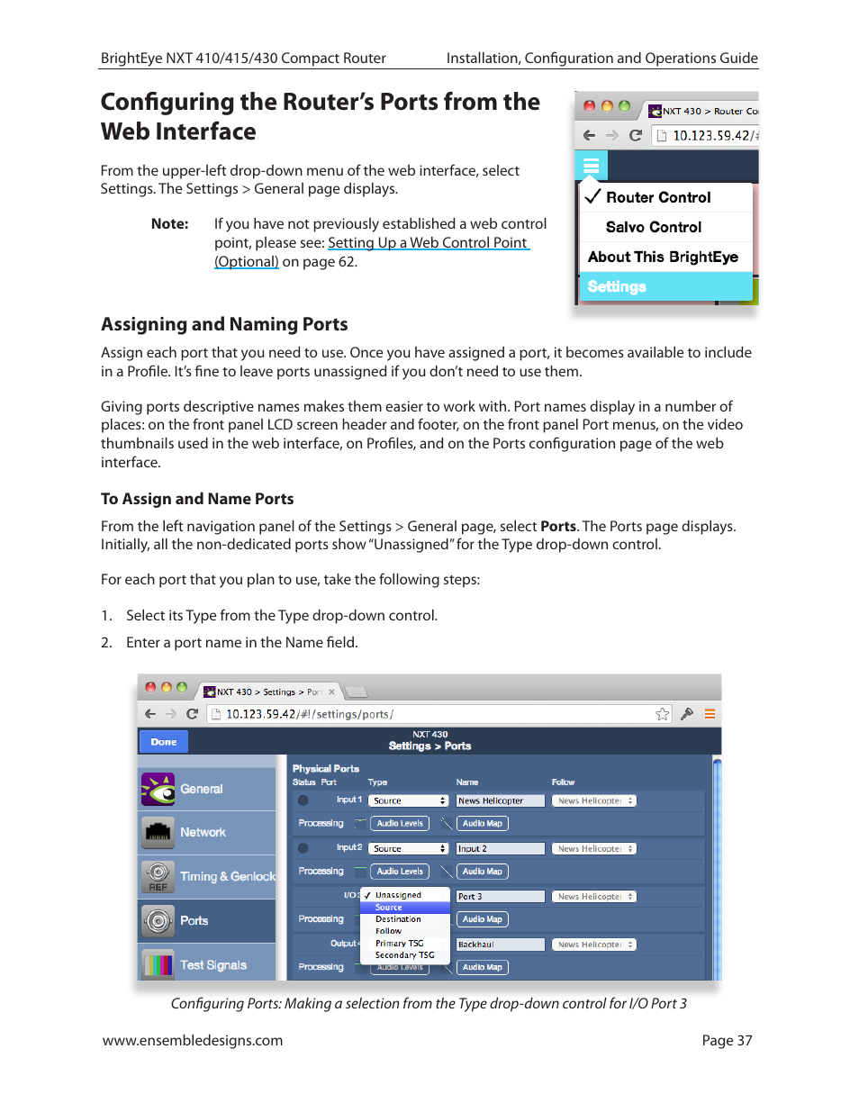 Assigning and naming ports, To assign and name ports | Ensemble Designs BrightEye NXT 410 Clean HDMI Router User Manual | Page 37 / 132