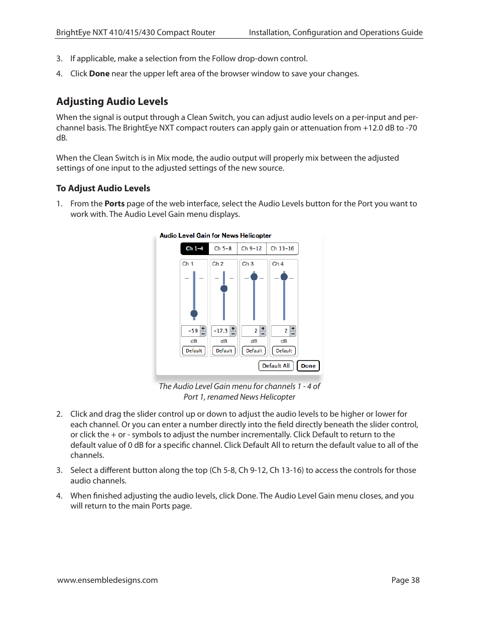 Adjusting audio levels, To adjust audio levels | Ensemble Designs BrightEye NXT 410 Clean HDMI Router User Manual | Page 38 / 132