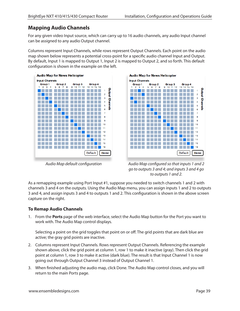 Mapping audio channels, To remap audio channels | Ensemble Designs BrightEye NXT 410 Clean HDMI Router User Manual | Page 39 / 132