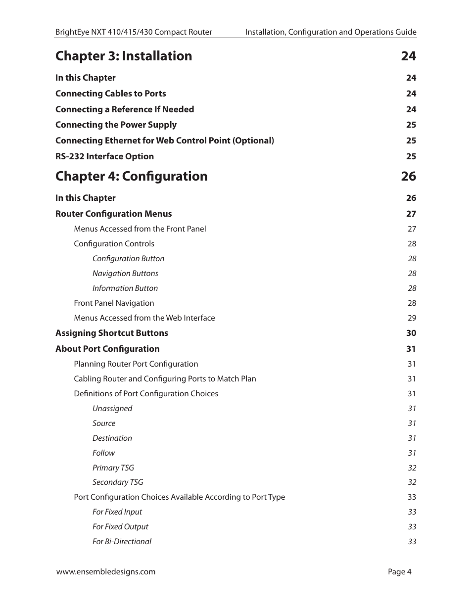 Chapter 3: installation 24, Chapter 4: configuration 26 | Ensemble Designs BrightEye NXT 410 Clean HDMI Router User Manual | Page 4 / 132