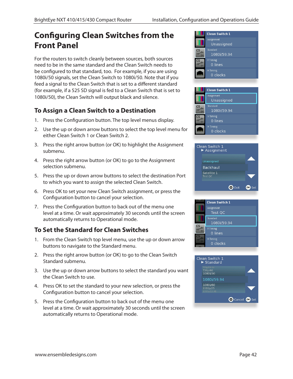 Configuring clean switches from the front panel, To assign a clean switch to a destination, To set the standard for clean switches | Ensemble Designs BrightEye NXT 410 Clean HDMI Router User Manual | Page 42 / 132