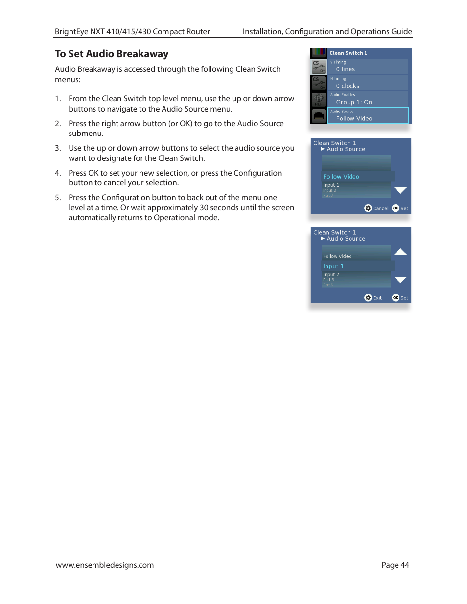 To set audio breakaway | Ensemble Designs BrightEye NXT 410 Clean HDMI Router User Manual | Page 44 / 132