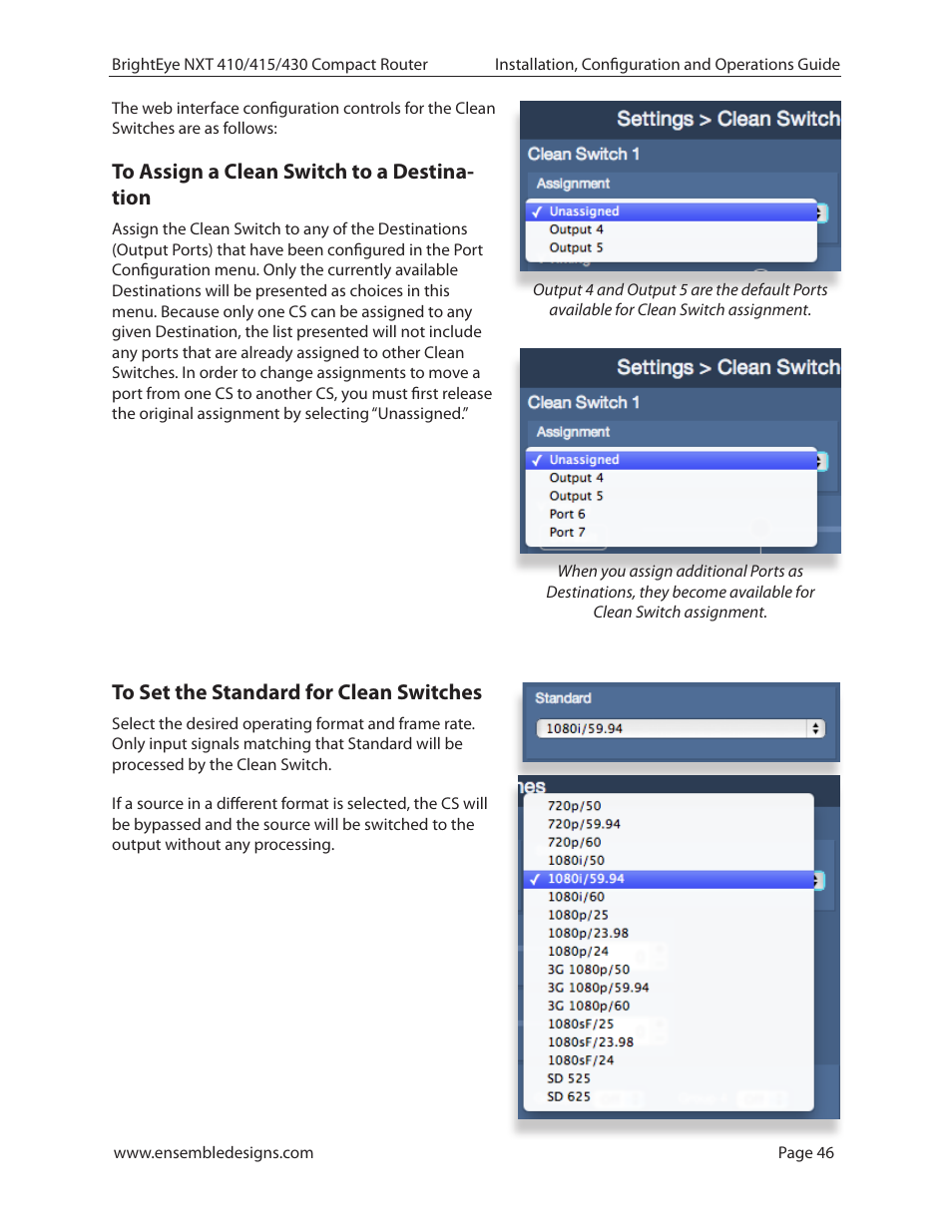 To assign a clean switch to a destination, To set the standard for clean switches | Ensemble Designs BrightEye NXT 410 Clean HDMI Router User Manual | Page 46 / 132