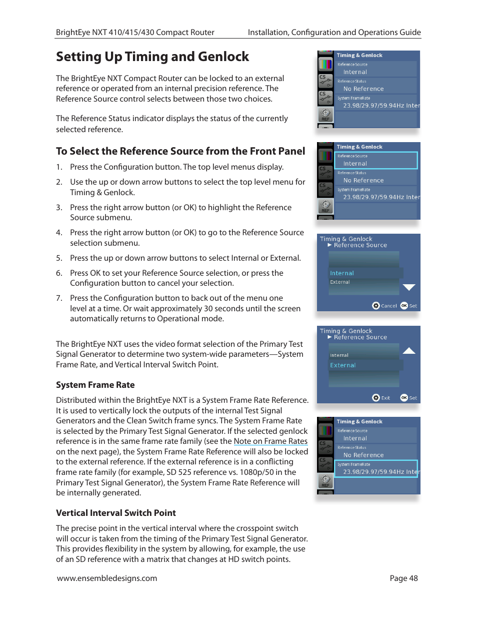 Setting up timing and genlock, System frame rate, Vertical interval switch point | Ensemble Designs BrightEye NXT 410 Clean HDMI Router User Manual | Page 48 / 132