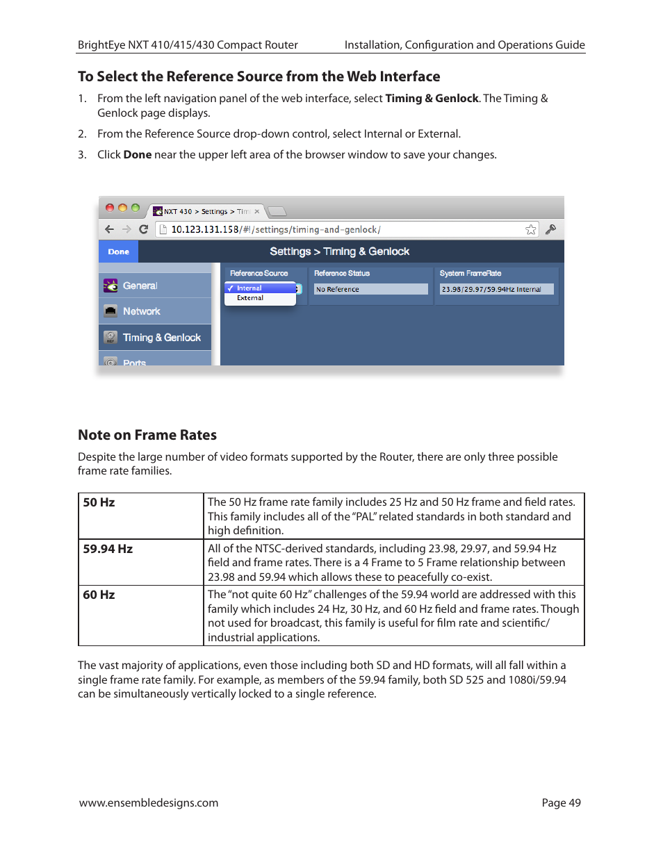 Note on frame rates, 50 hz, 94 hz | 60 hz | Ensemble Designs BrightEye NXT 410 Clean HDMI Router User Manual | Page 49 / 132