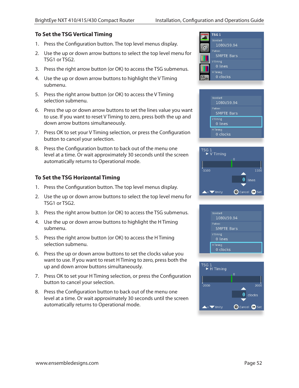 To set the tsg vertical timing, To set the tsg horizontal timing | Ensemble Designs BrightEye NXT 410 Clean HDMI Router User Manual | Page 52 / 132