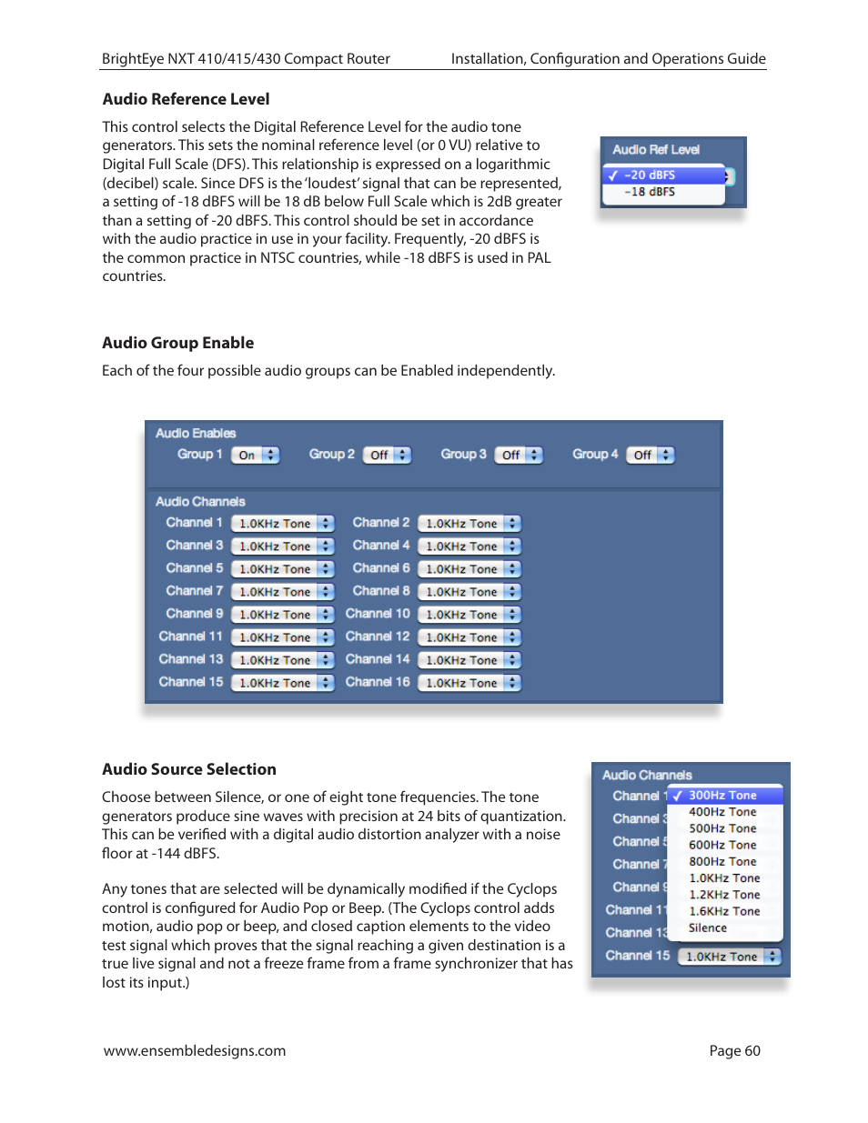 Audio reference level, Audio group enable, Audio source selection | Ensemble Designs BrightEye NXT 410 Clean HDMI Router User Manual | Page 60 / 132