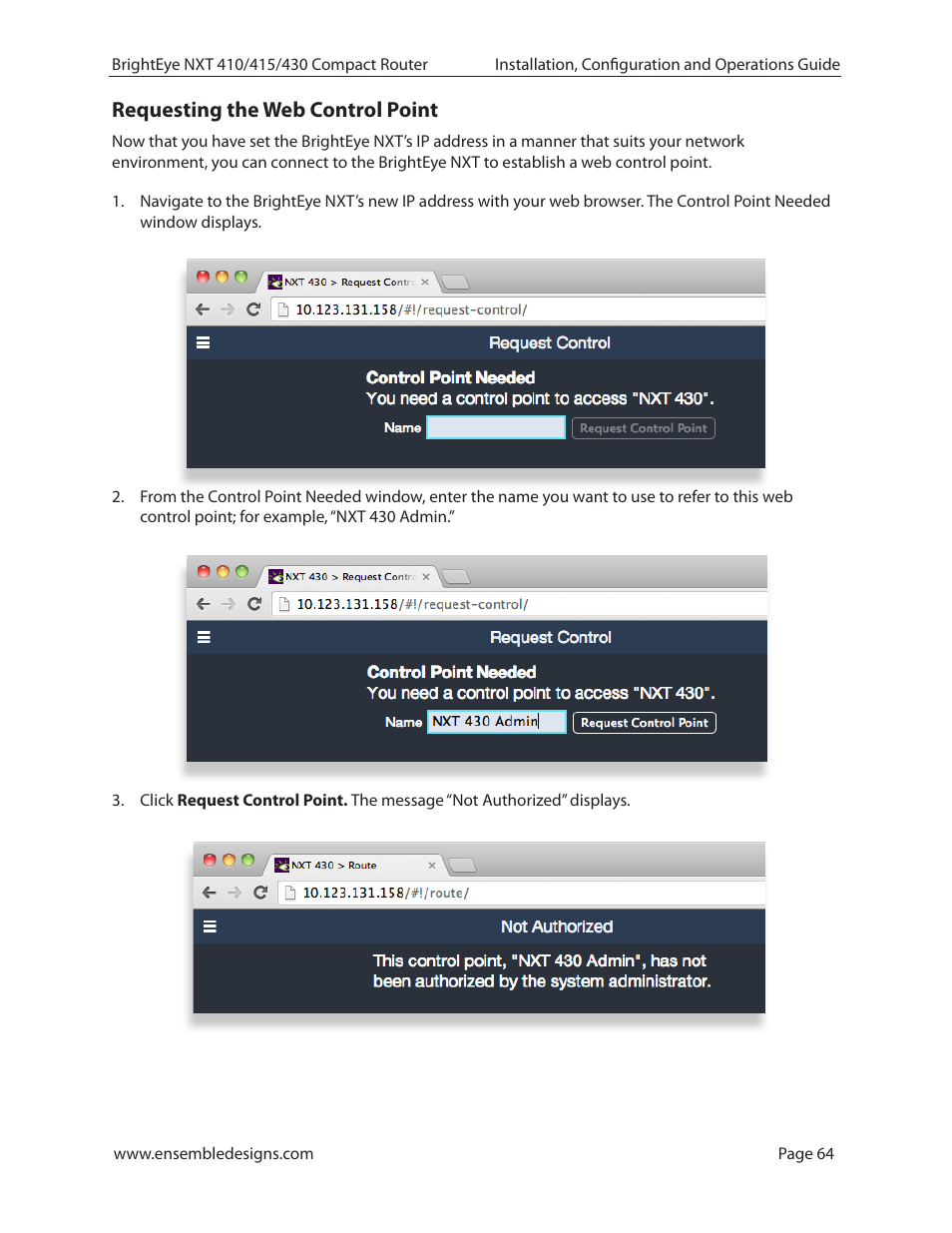 Requesting the web control point | Ensemble Designs BrightEye NXT 410 Clean HDMI Router User Manual | Page 64 / 132