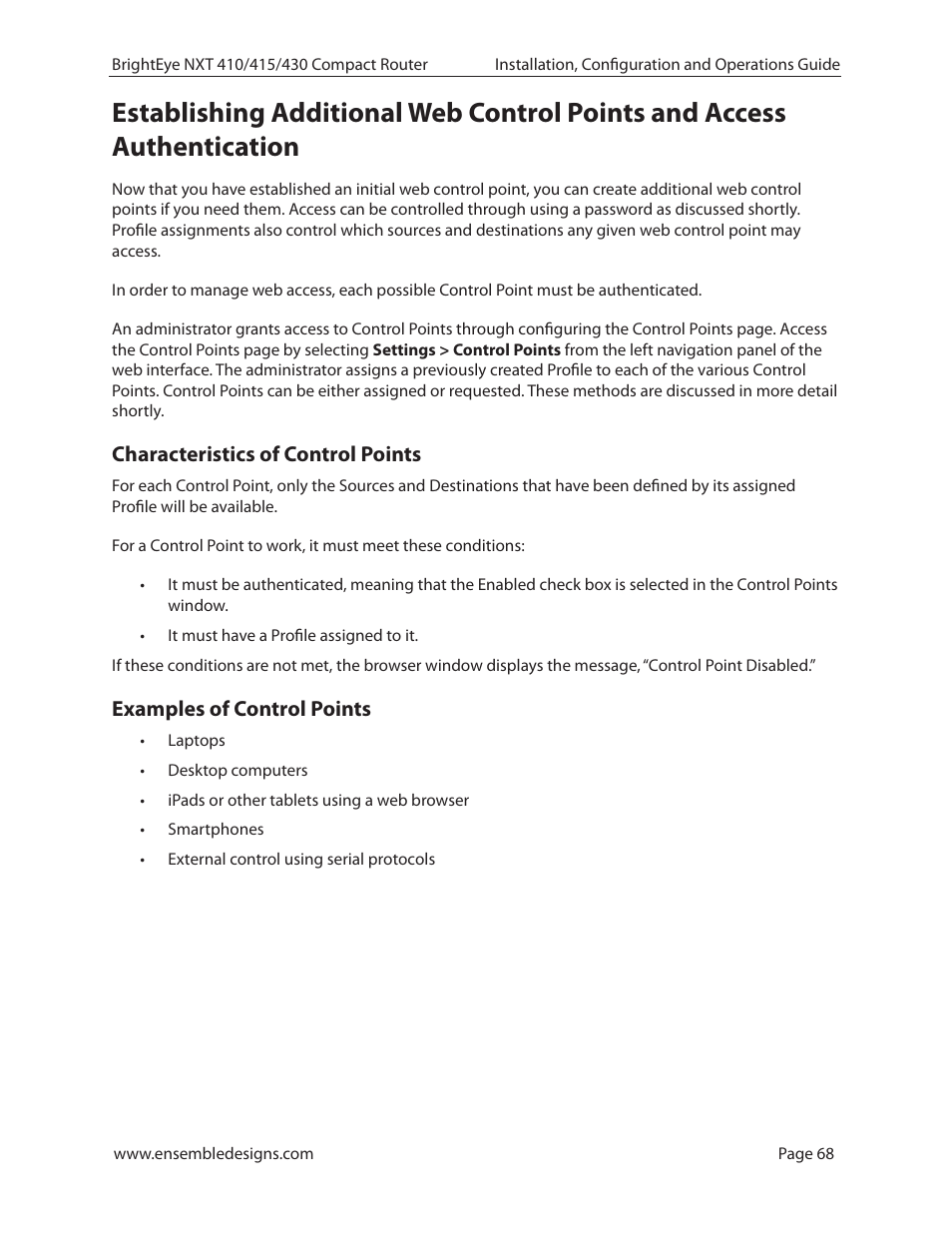 Characteristics of control points, Examples of control points | Ensemble Designs BrightEye NXT 410 Clean HDMI Router User Manual | Page 68 / 132