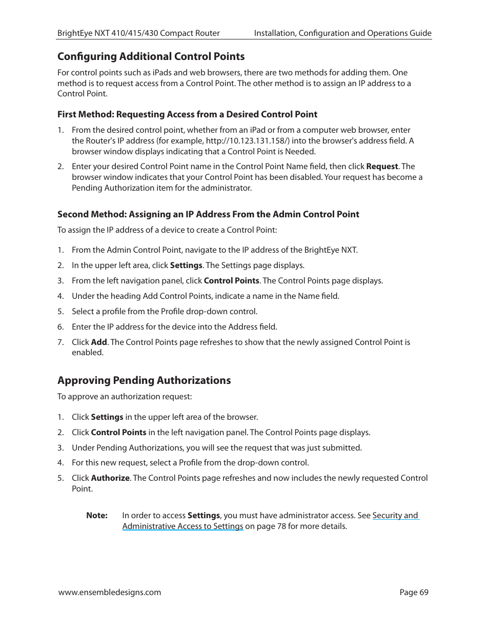 Configuring additional control points, Approving pending authorizations | Ensemble Designs BrightEye NXT 410 Clean HDMI Router User Manual | Page 69 / 132