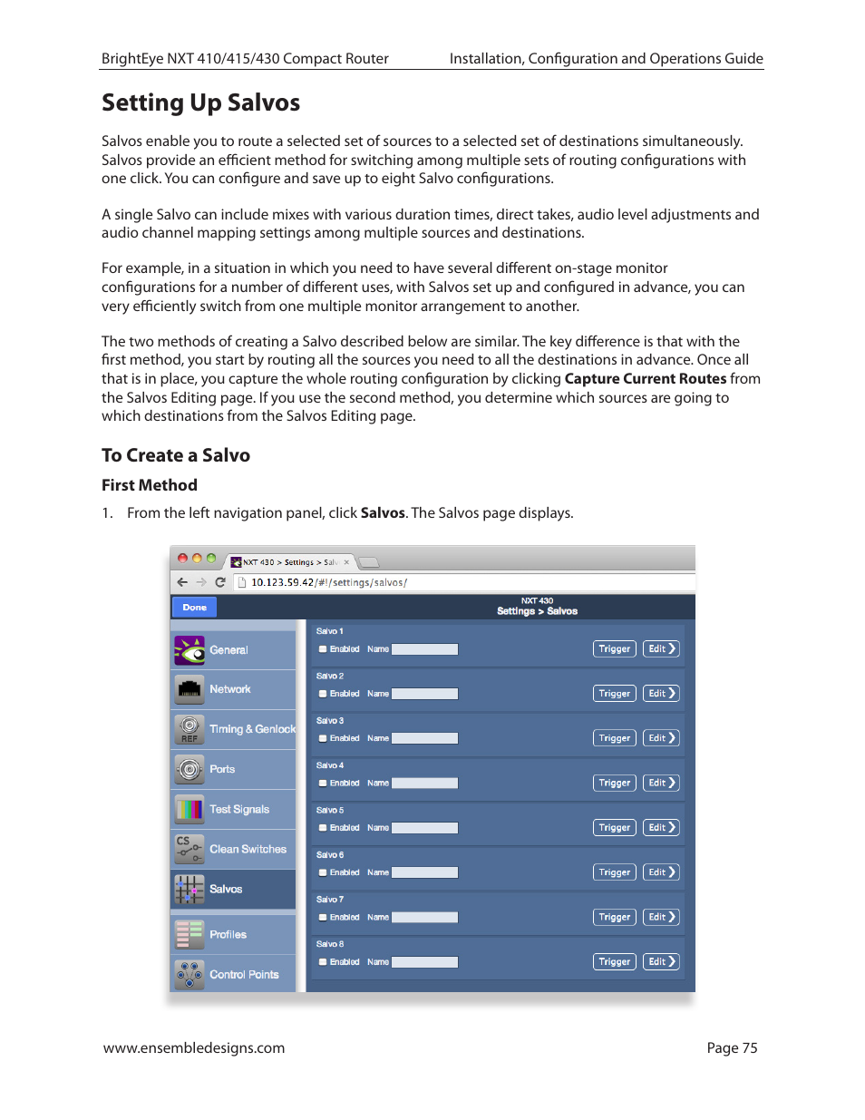 Setting up salvos, To create a salvo, First method | Ensemble Designs BrightEye NXT 410 Clean HDMI Router User Manual | Page 75 / 132