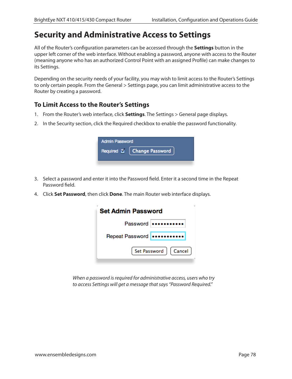 Security and administrative access to settings, To limit access to the router’s settings | Ensemble Designs BrightEye NXT 410 Clean HDMI Router User Manual | Page 78 / 132