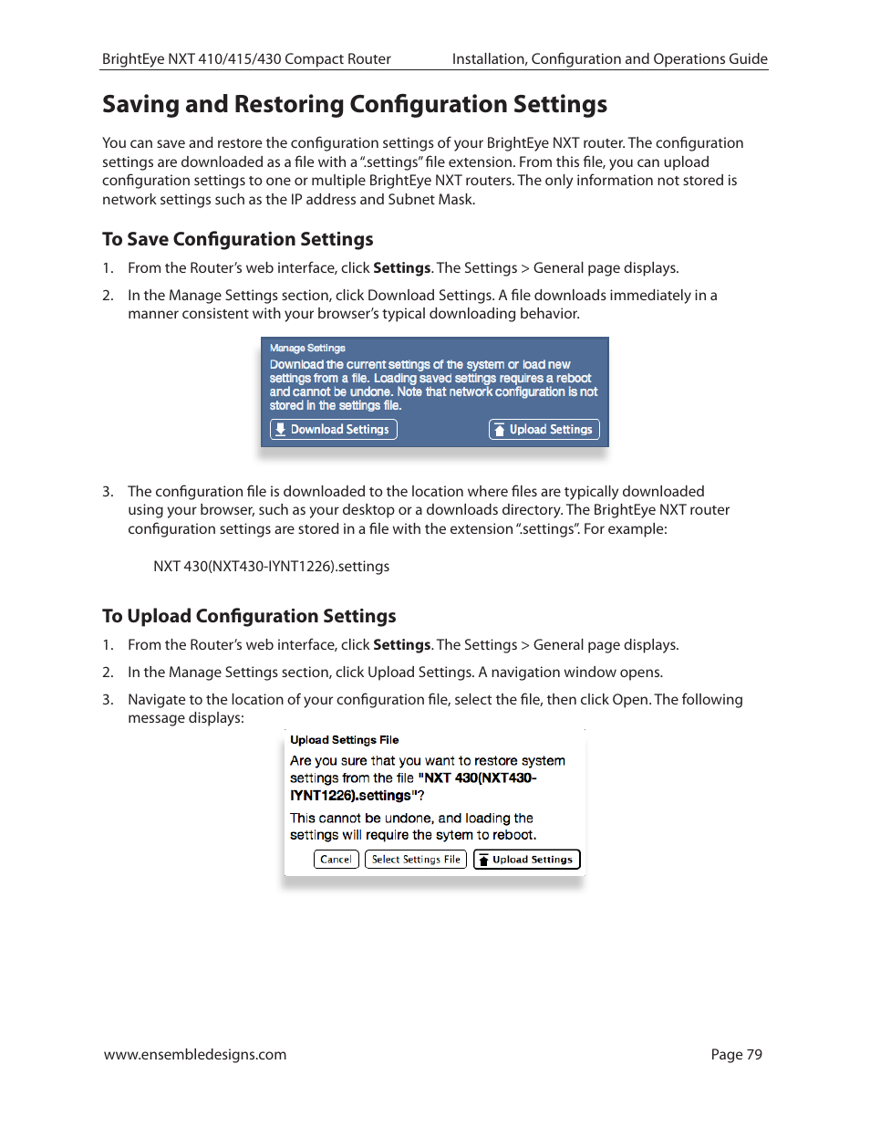 Saving and restoring configuration settings, To save configuration settings, To upload configuration settings | Ensemble Designs BrightEye NXT 410 Clean HDMI Router User Manual | Page 79 / 132