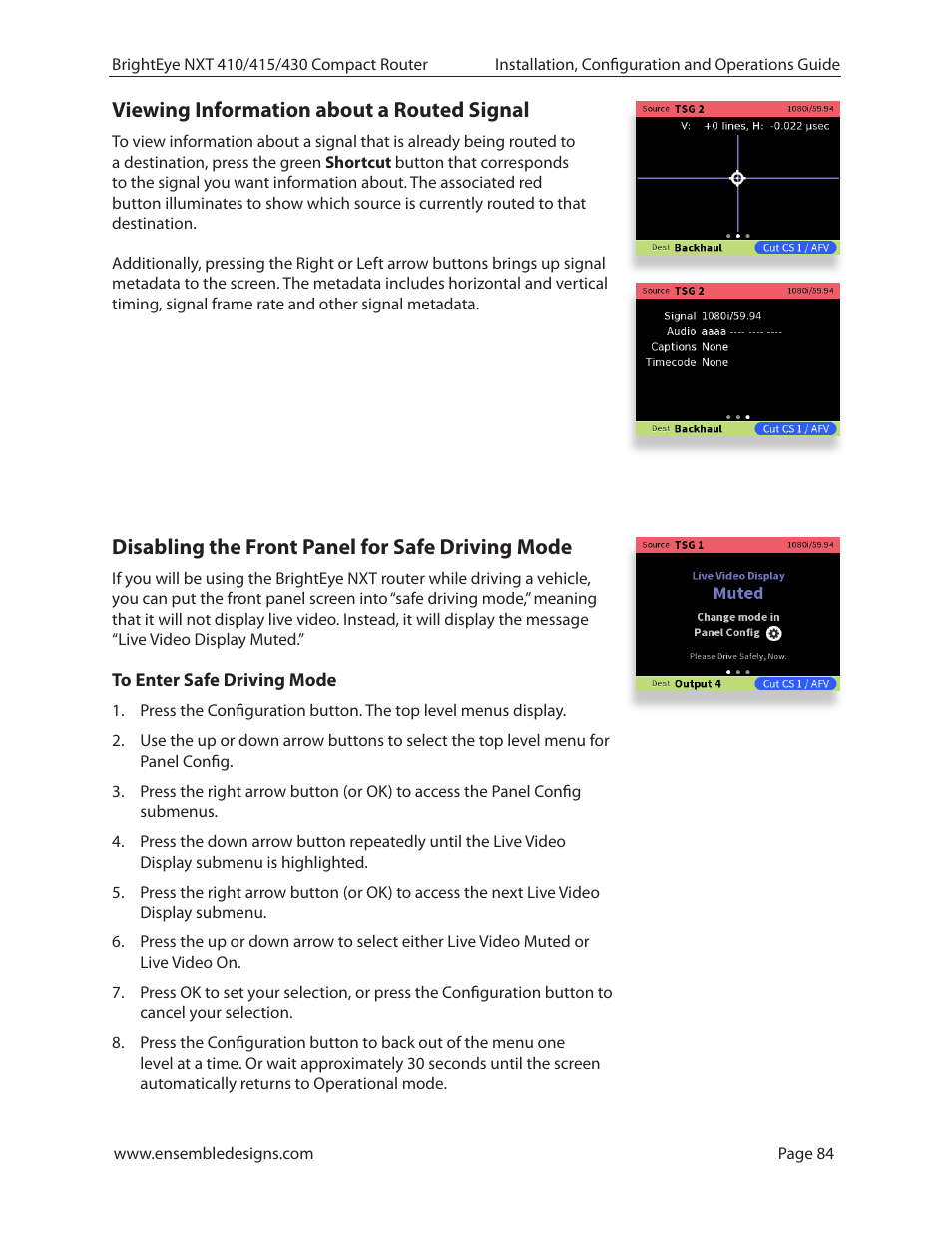 Viewing information about a routed signal, Disabling the front panel for safe driving mode, To enter safe driving mode | Ensemble Designs BrightEye NXT 410 Clean HDMI Router User Manual | Page 84 / 132