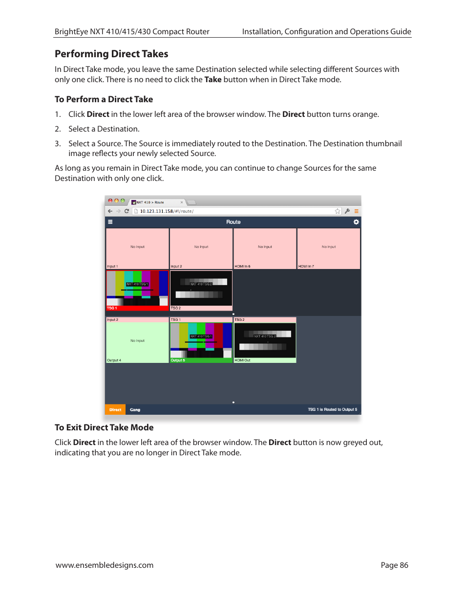 Performing direct takes, To perform a direct take, To exit direct take mode | Ensemble Designs BrightEye NXT 410 Clean HDMI Router User Manual | Page 86 / 132