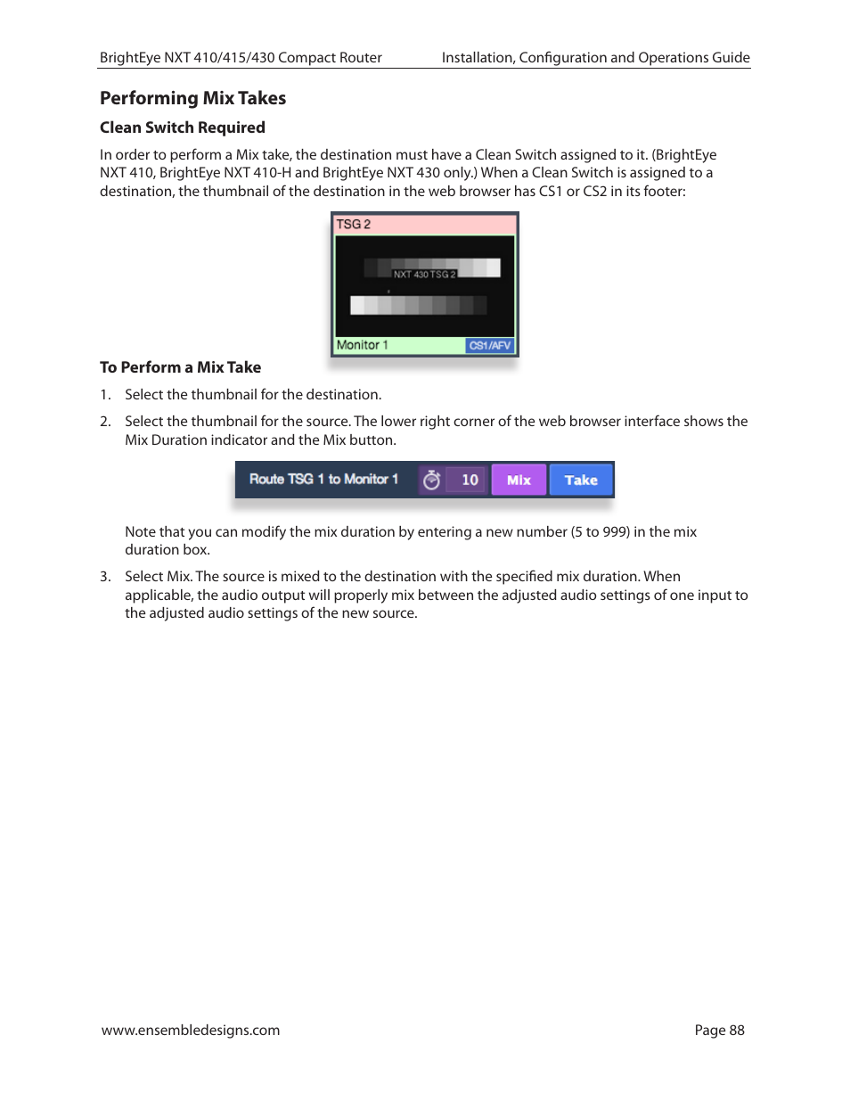 Performing mix takes, Clean switch required, To perform a mix take | Ensemble Designs BrightEye NXT 410 Clean HDMI Router User Manual | Page 88 / 132