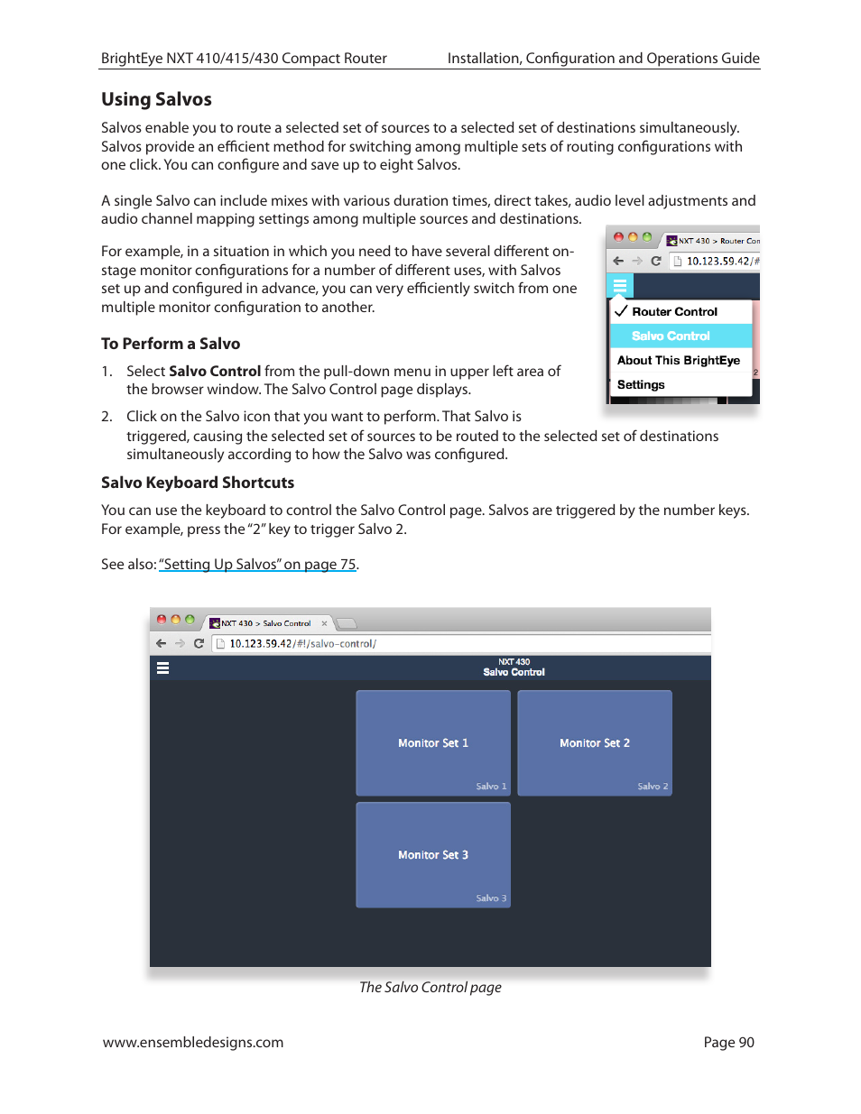 Using salvos, To perform a salvo, Salvo keyboard shortcuts | Ensemble Designs BrightEye NXT 410 Clean HDMI Router User Manual | Page 90 / 132