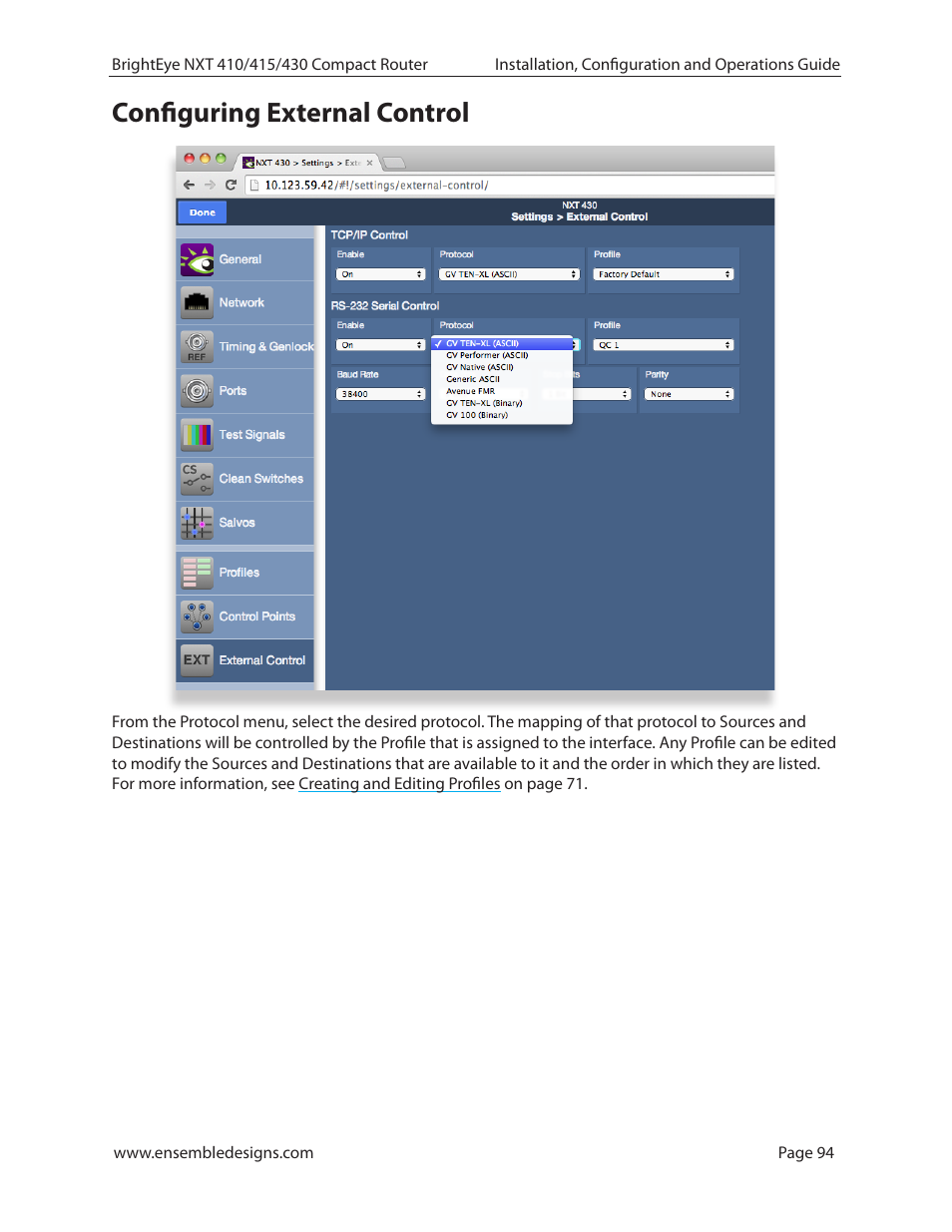 Configuring external control | Ensemble Designs BrightEye NXT 410 Clean HDMI Router User Manual | Page 94 / 132