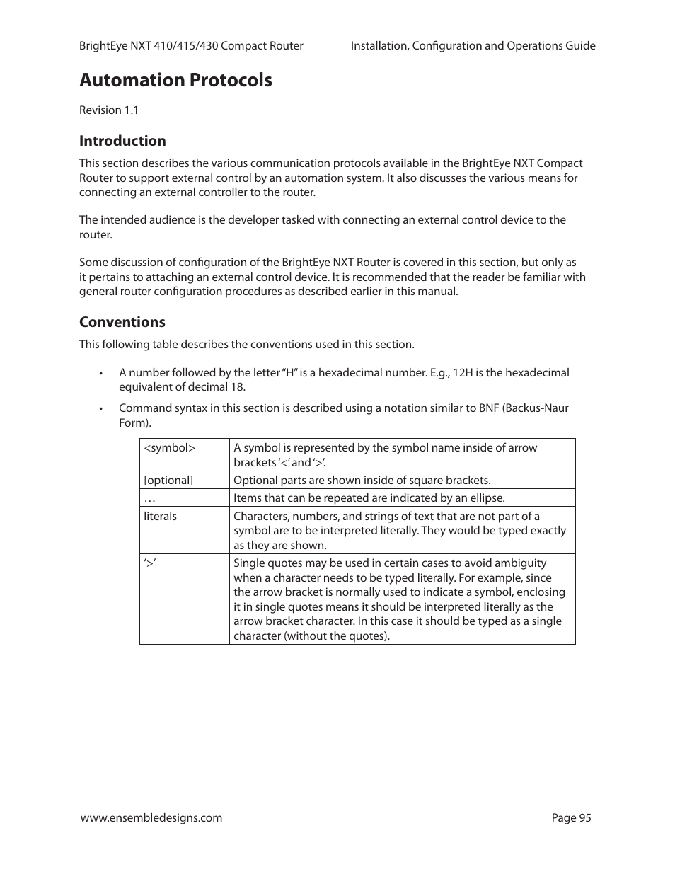 Automation protocols, Introduction, Conventions | Introduction 95, Conventions 95 | Ensemble Designs BrightEye NXT 410 Clean HDMI Router User Manual | Page 95 / 132