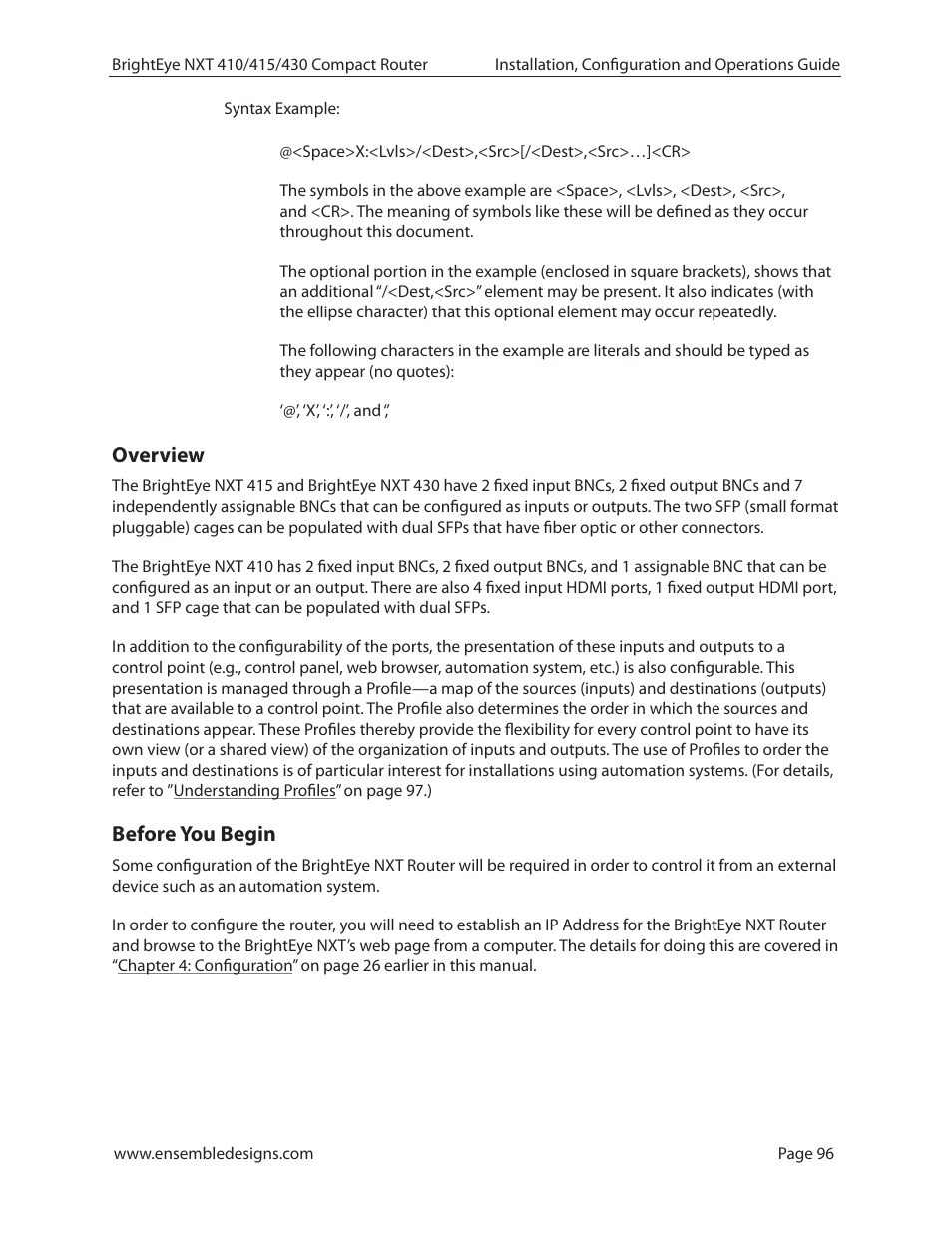 Overview, Before you begin, Overview 96 | Ensemble Designs BrightEye NXT 410 Clean HDMI Router User Manual | Page 96 / 132