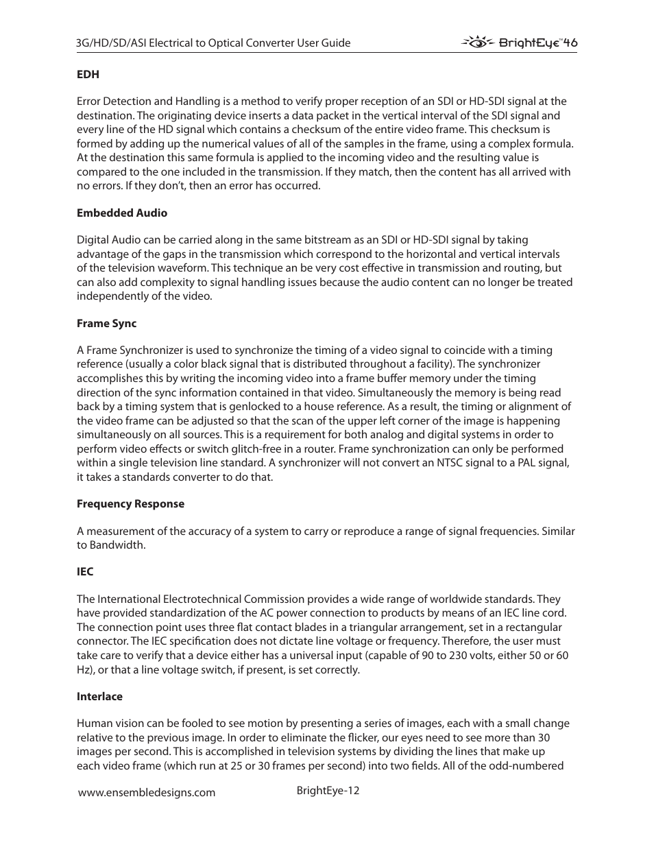 Ensemble Designs BrightEye 46 3G/HD/SD/ASI Electrical to Optical Converter User Manual | Page 12 / 16