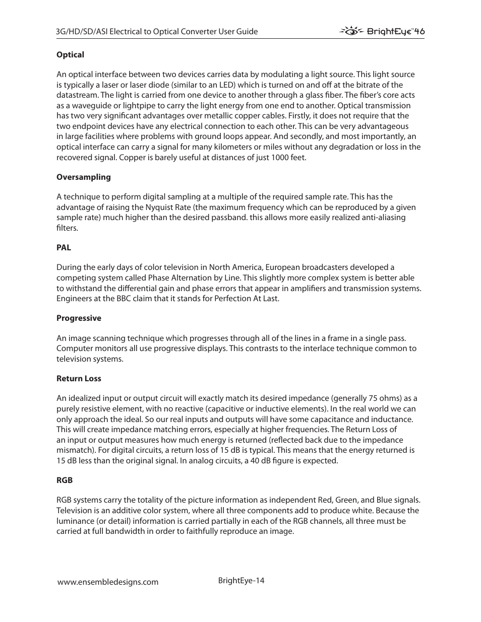 Ensemble Designs BrightEye 46 3G/HD/SD/ASI Electrical to Optical Converter User Manual | Page 14 / 16