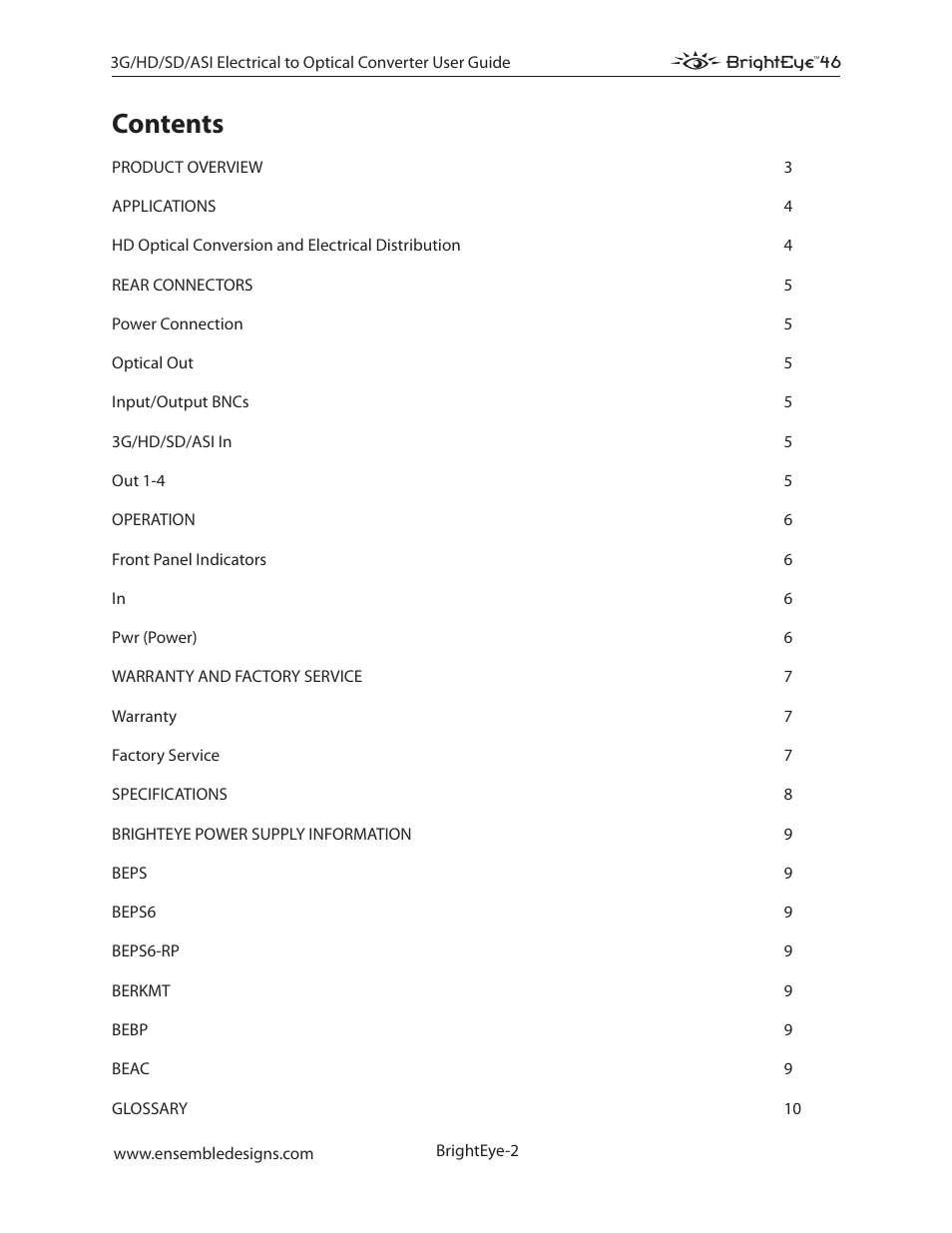 Ensemble Designs BrightEye 46 3G/HD/SD/ASI Electrical to Optical Converter User Manual | Page 2 / 16