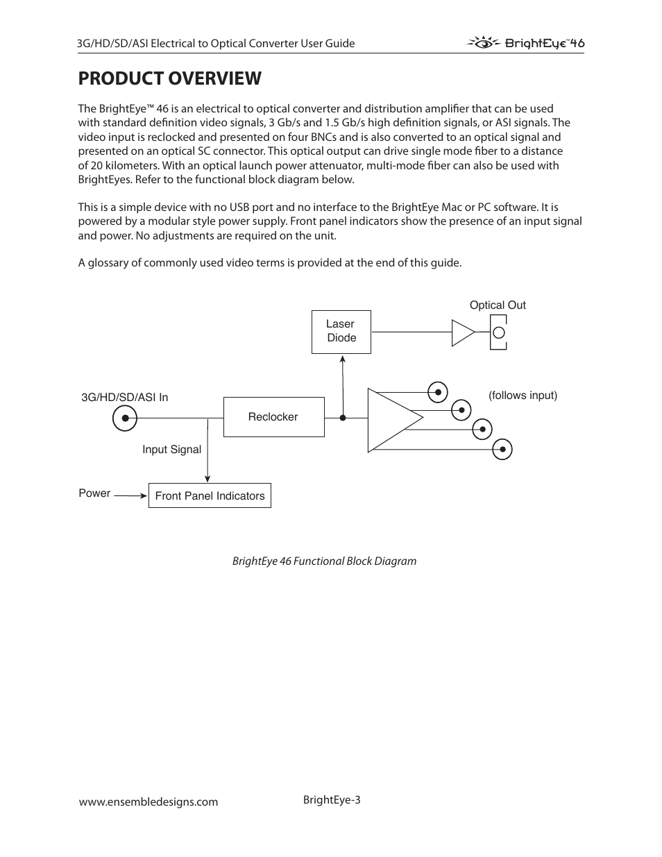 Product overview | Ensemble Designs BrightEye 46 3G/HD/SD/ASI Electrical to Optical Converter User Manual | Page 3 / 16