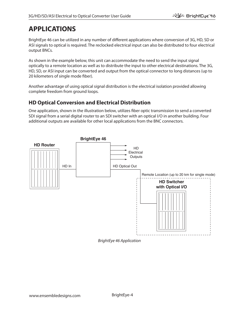 Applications, Hd optical conversion and electrical distribution | Ensemble Designs BrightEye 46 3G/HD/SD/ASI Electrical to Optical Converter User Manual | Page 4 / 16