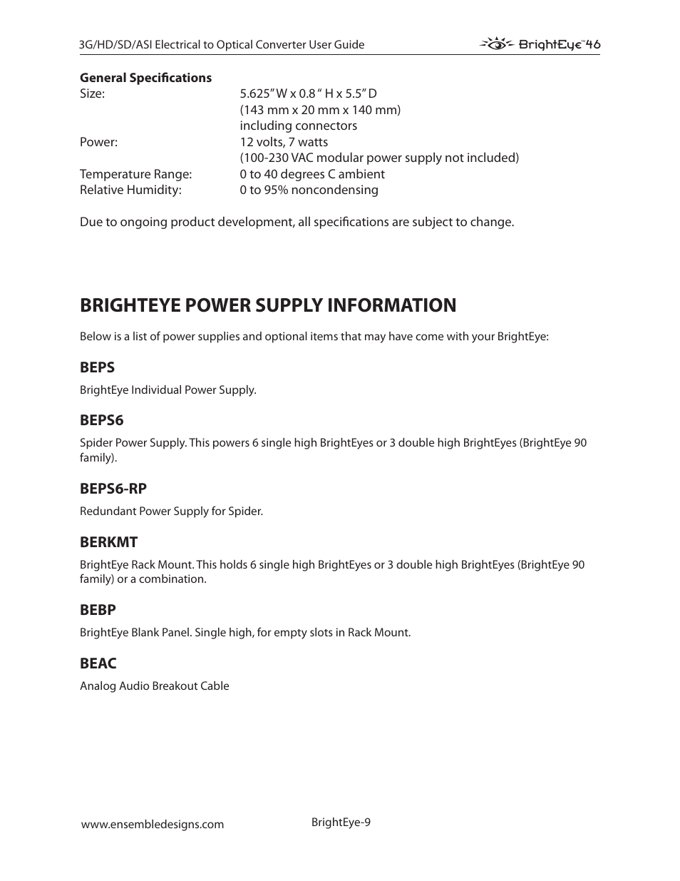 Brighteye power supply information, Beps, Beps6 | Beps6-rp, Berkmt, Bebp, Beac | Ensemble Designs BrightEye 46 3G/HD/SD/ASI Electrical to Optical Converter User Manual | Page 9 / 16