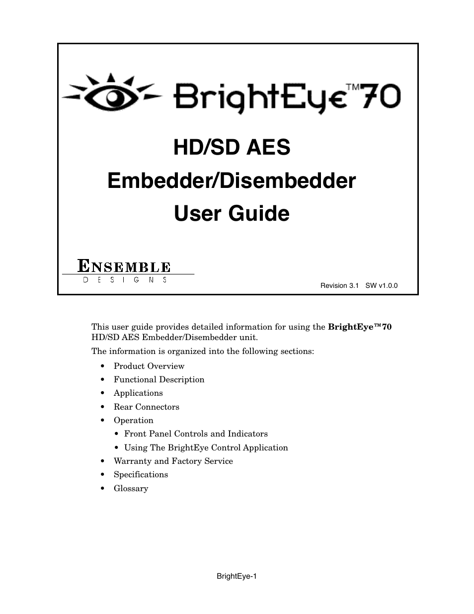 Ensemble Designs BrightEye 70 HD/SD AES Embedder/Disembedder User Manual | 26 pages