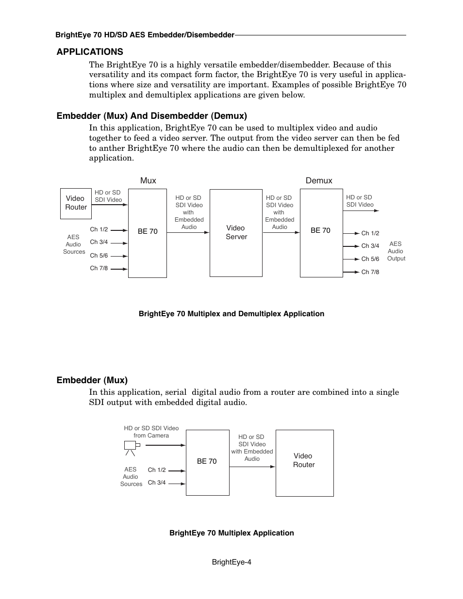 Applications, Embedder (mux) and disembedder (demux), Embedder (mux) | Mux demux | Ensemble Designs BrightEye 70 HD/SD AES Embedder/Disembedder User Manual | Page 4 / 26