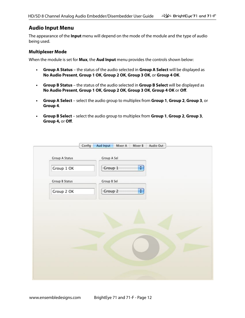 Audio input menu, Multiplexer mode | Ensemble Designs BrightEye 71 HD/SD 8 Channel Analog Audio Embedder/Disembedder User Manual | Page 12 / 27
