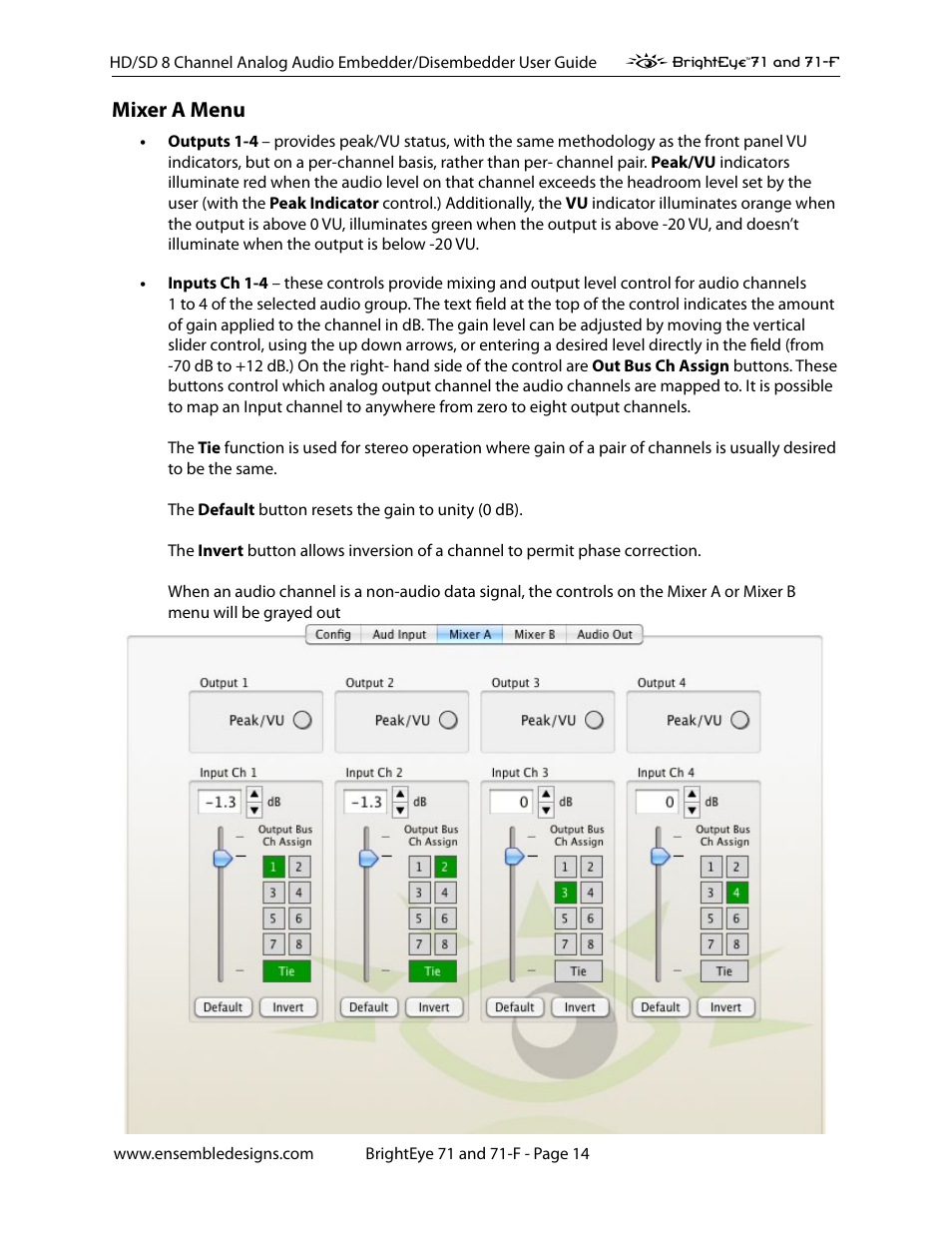 Mixer a menu | Ensemble Designs BrightEye 71 HD/SD 8 Channel Analog Audio Embedder/Disembedder User Manual | Page 14 / 27