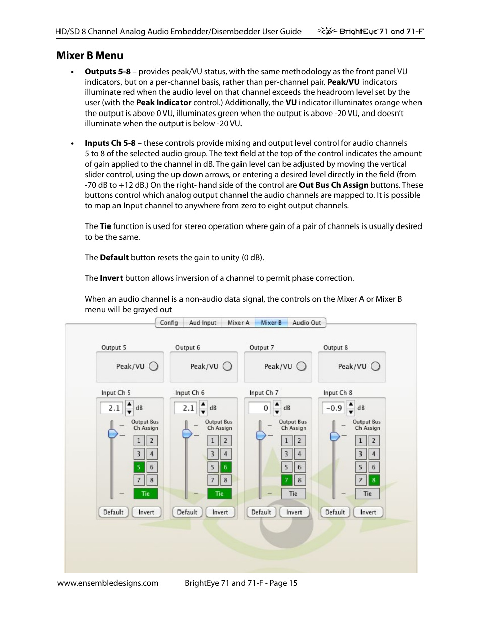 Mixer b menu | Ensemble Designs BrightEye 71 HD/SD 8 Channel Analog Audio Embedder/Disembedder User Manual | Page 15 / 27