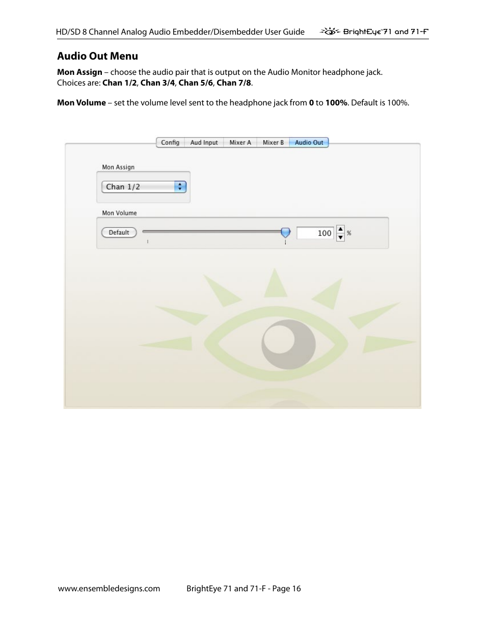 Audio out menu | Ensemble Designs BrightEye 71 HD/SD 8 Channel Analog Audio Embedder/Disembedder User Manual | Page 16 / 27
