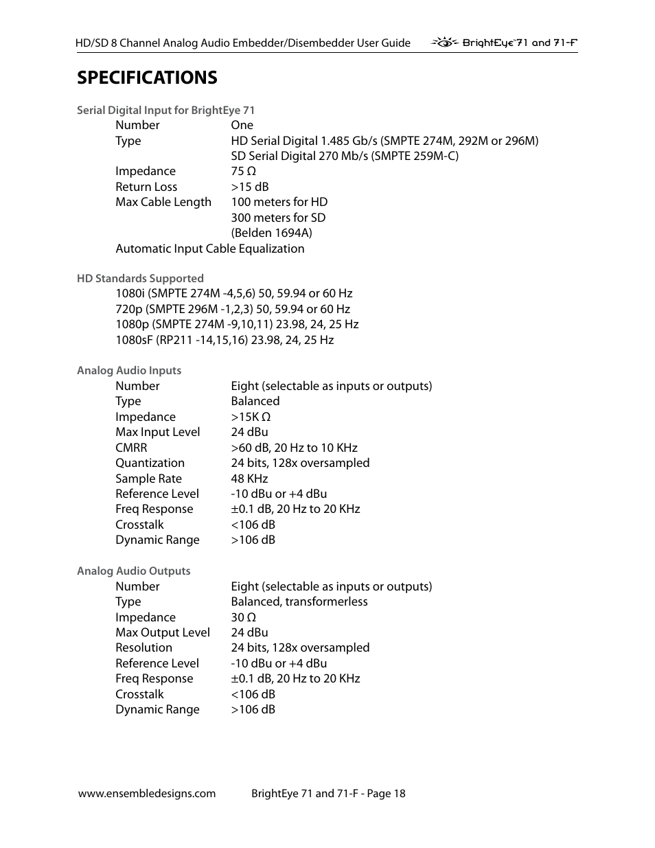 Specifications, Specifications 17 | Ensemble Designs BrightEye 71 HD/SD 8 Channel Analog Audio Embedder/Disembedder User Manual | Page 18 / 27