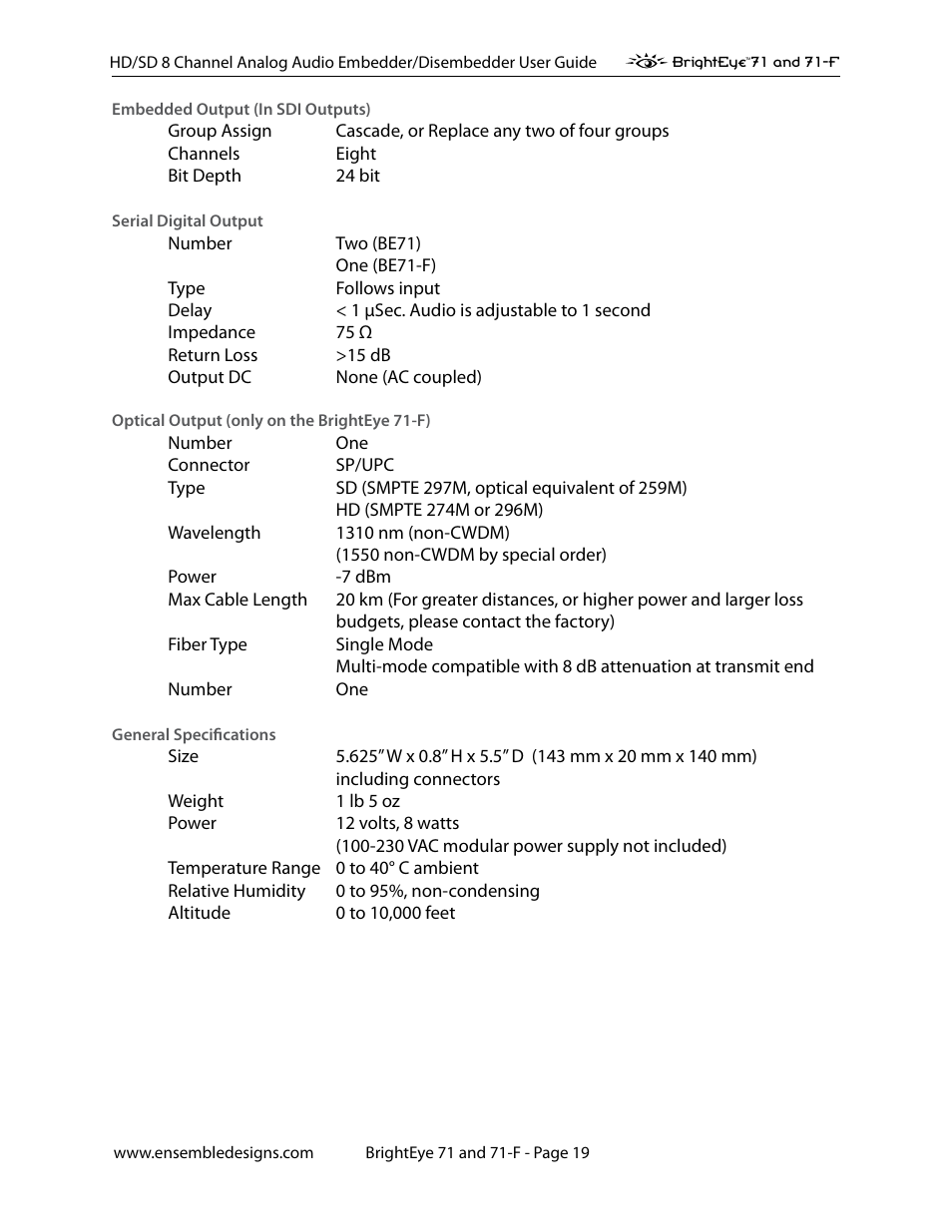 Ensemble Designs BrightEye 71 HD/SD 8 Channel Analog Audio Embedder/Disembedder User Manual | Page 19 / 27