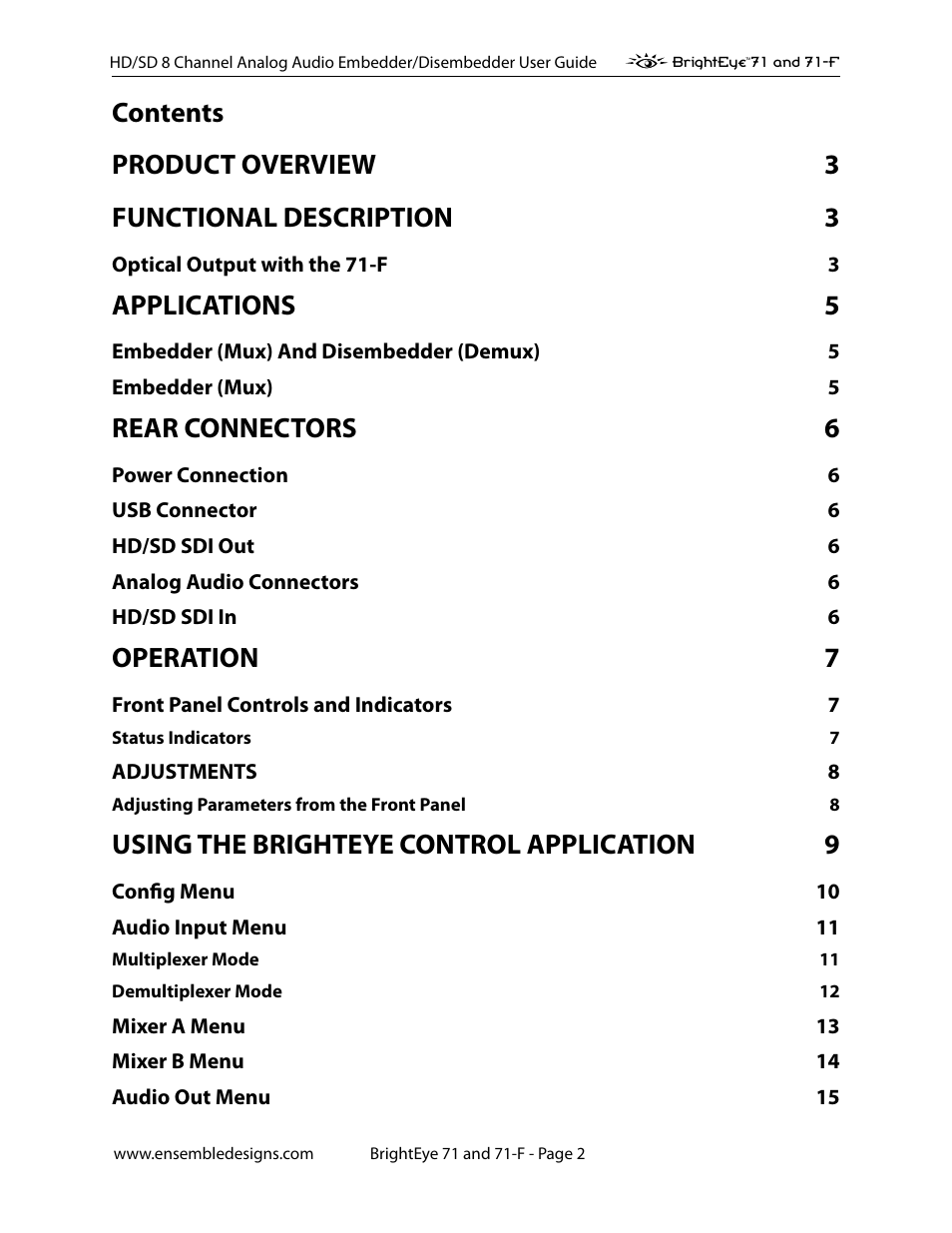 Applications 5, Rear connectors 6, Operation 7 | Using the brighteye control application 9 | Ensemble Designs BrightEye 71 HD/SD 8 Channel Analog Audio Embedder/Disembedder User Manual | Page 2 / 27