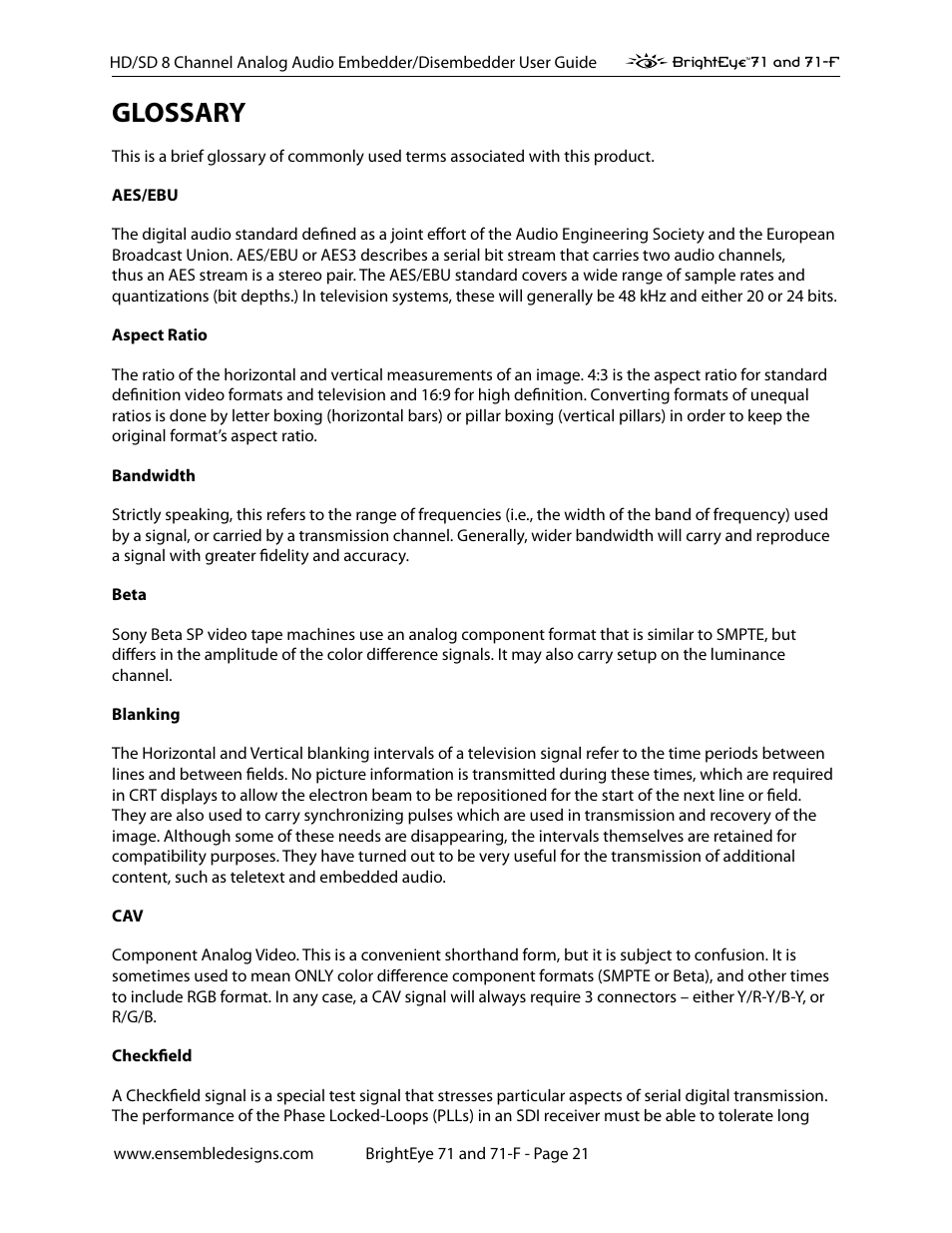 Glossary, Glossary 20 | Ensemble Designs BrightEye 71 HD/SD 8 Channel Analog Audio Embedder/Disembedder User Manual | Page 21 / 27