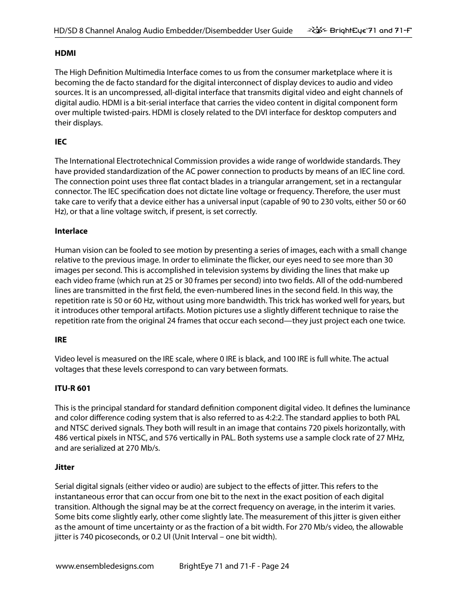 Ensemble Designs BrightEye 71 HD/SD 8 Channel Analog Audio Embedder/Disembedder User Manual | Page 24 / 27