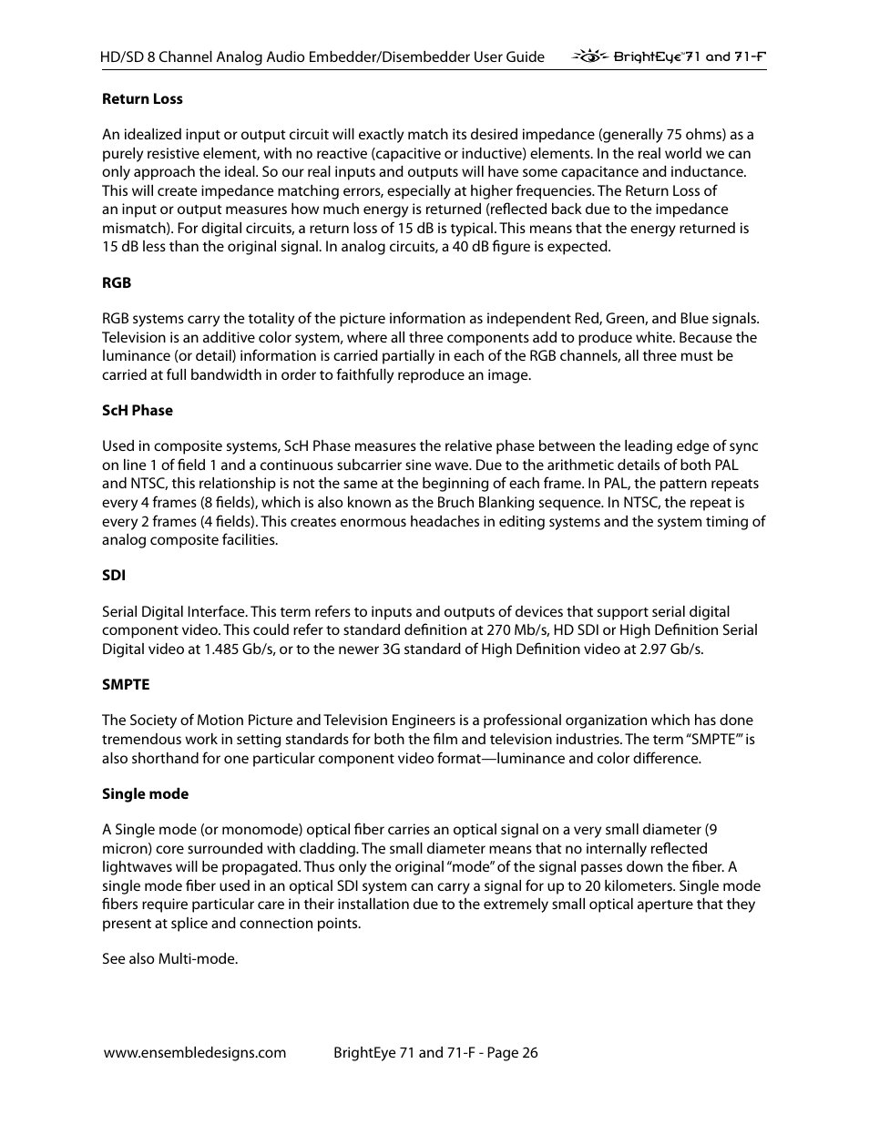 Ensemble Designs BrightEye 71 HD/SD 8 Channel Analog Audio Embedder/Disembedder User Manual | Page 26 / 27