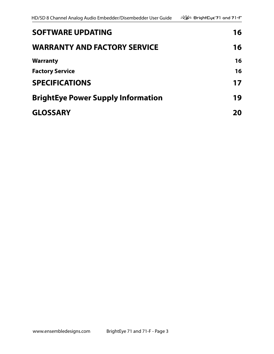 Ensemble Designs BrightEye 71 HD/SD 8 Channel Analog Audio Embedder/Disembedder User Manual | Page 3 / 27