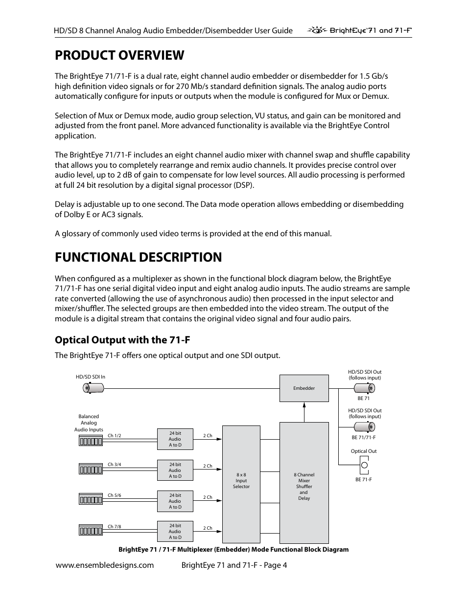 Product overview, Functional description, Optical output with the 71-f | Ensemble Designs BrightEye 71 HD/SD 8 Channel Analog Audio Embedder/Disembedder User Manual | Page 4 / 27