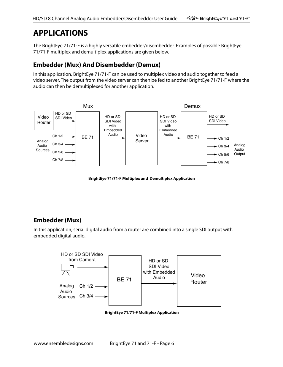 Applications, Embedder (mux) and disembedder (demux), Embedder (mux) | Applications 5, Be 71 video router | Ensemble Designs BrightEye 71 HD/SD 8 Channel Analog Audio Embedder/Disembedder User Manual | Page 6 / 27