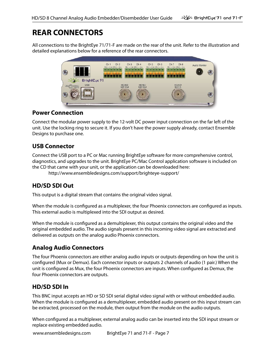Rear connectors, Power connection, Usb connector | Hd/sd sdi out, Analog audio connectors, Hd/sd sdi in | Ensemble Designs BrightEye 71 HD/SD 8 Channel Analog Audio Embedder/Disembedder User Manual | Page 7 / 27