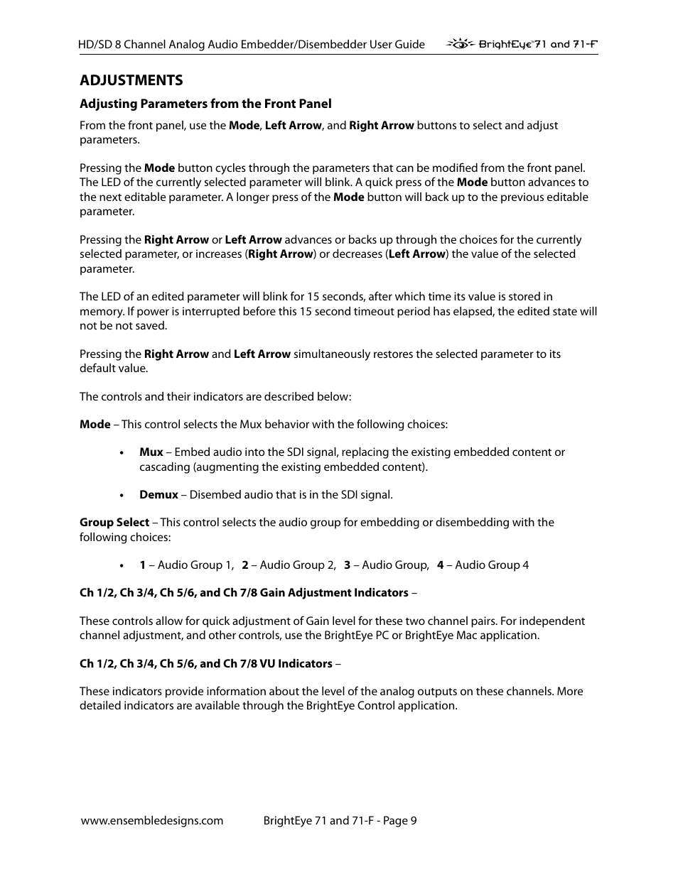 Adjustments, Adjusting parameters from the front panel | Ensemble Designs BrightEye 71 HD/SD 8 Channel Analog Audio Embedder/Disembedder User Manual | Page 9 / 27