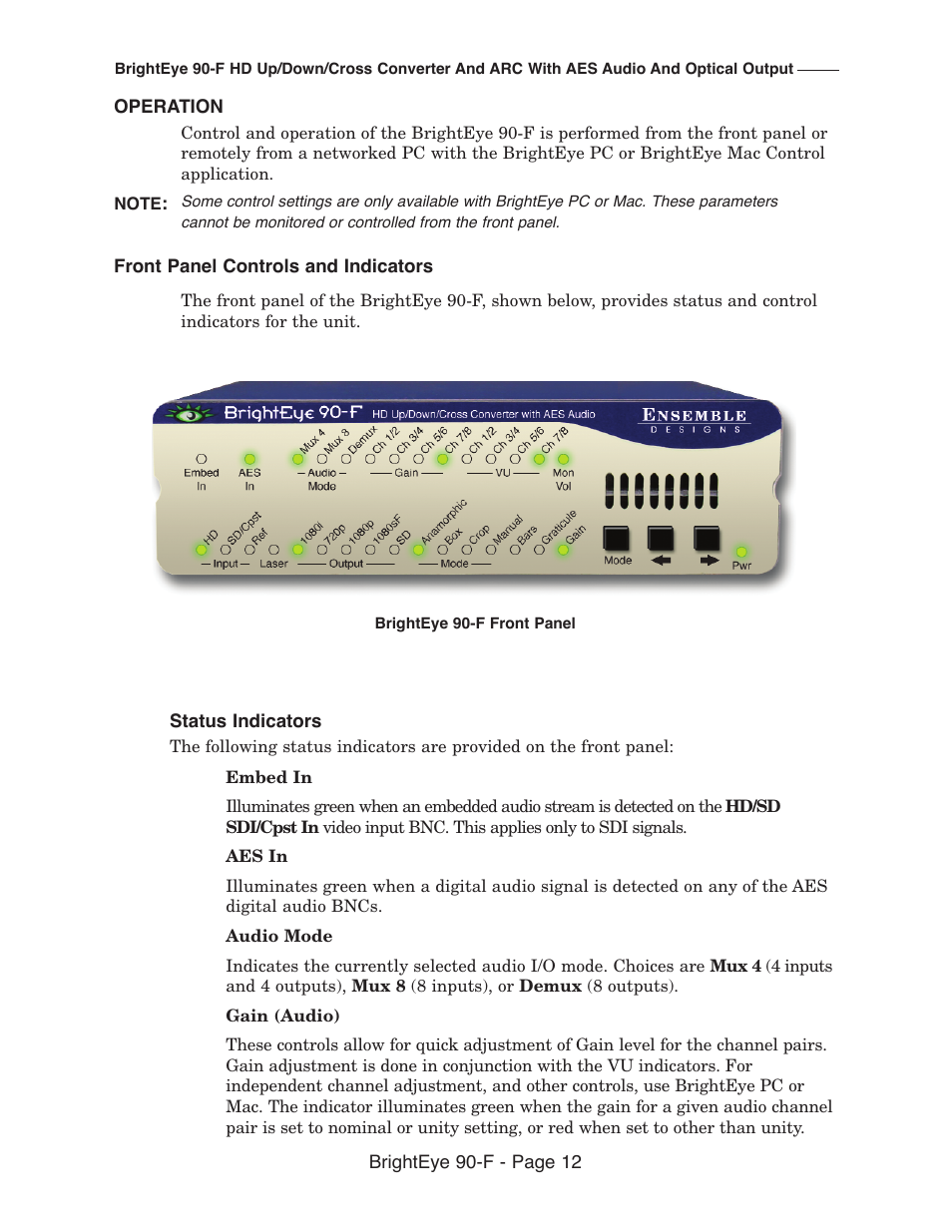 Ensemble Designs BrightEye 90-F HD Up/Down Cross Converter and ARC with AES Audio and Optical Output User Manual | Page 12 / 41
