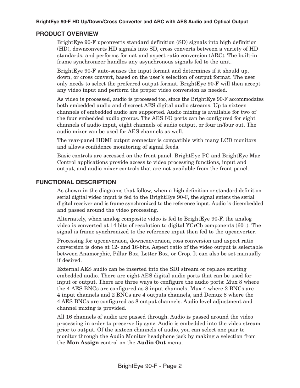 Ensemble Designs BrightEye 90-F HD Up/Down Cross Converter and ARC with AES Audio and Optical Output User Manual | Page 2 / 41