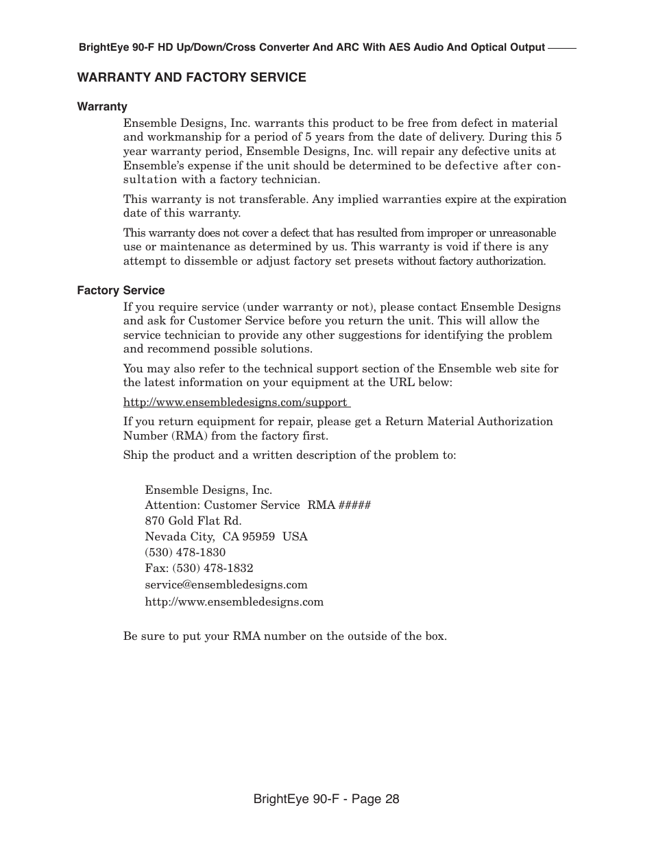 Ensemble Designs BrightEye 90-F HD Up/Down Cross Converter and ARC with AES Audio and Optical Output User Manual | Page 28 / 41